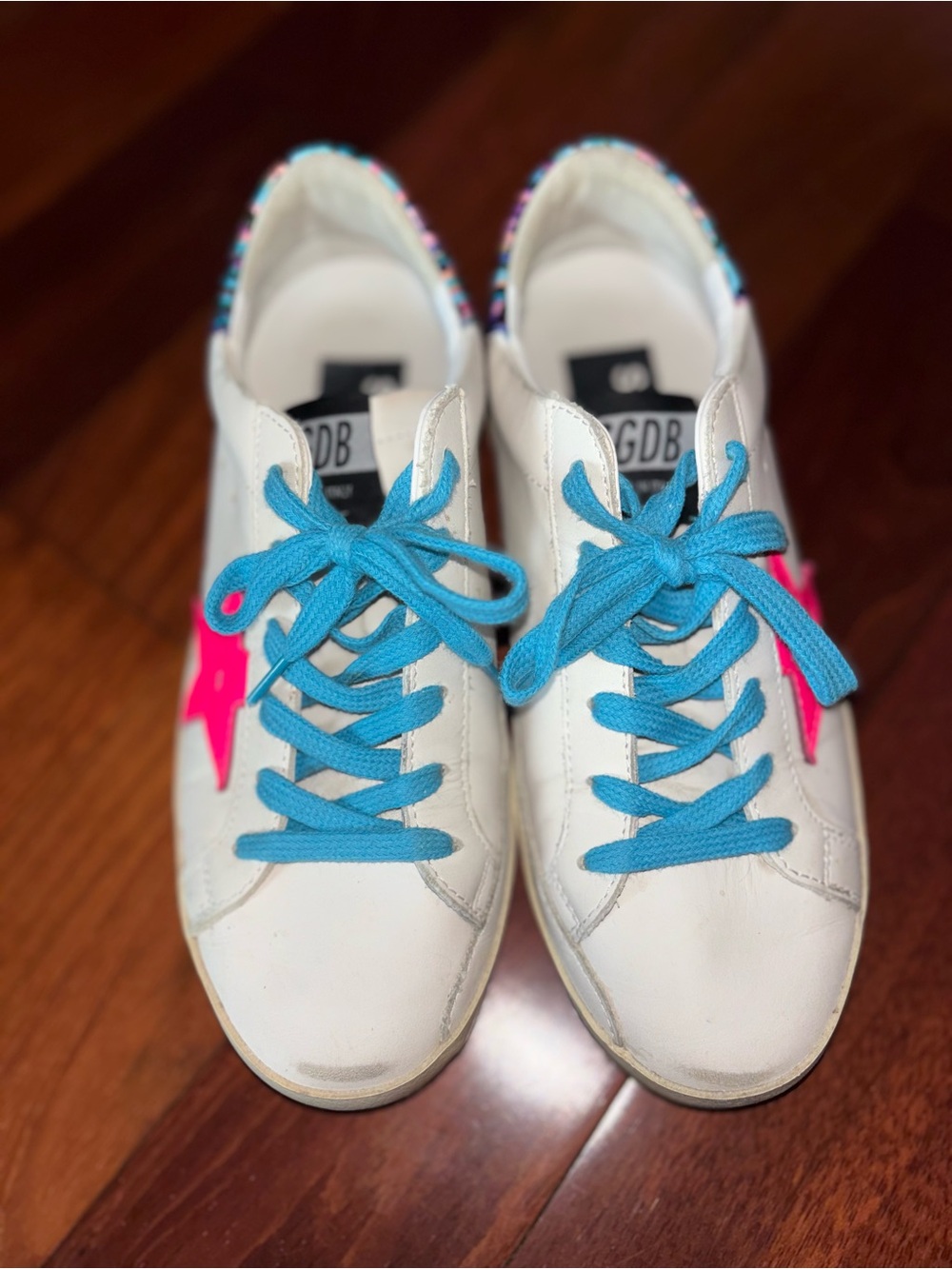 Golden Goose White Sneakers with Blue Laces and Pink Star